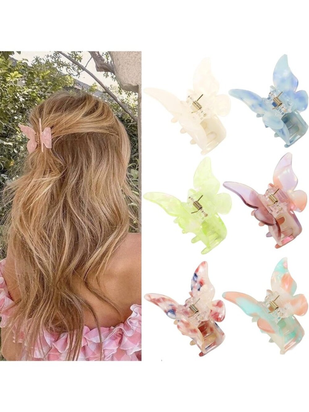 Butterfly Tortoise Shell Hair Claw Clips - 6 Pack Jaw Clips for Women & Girls